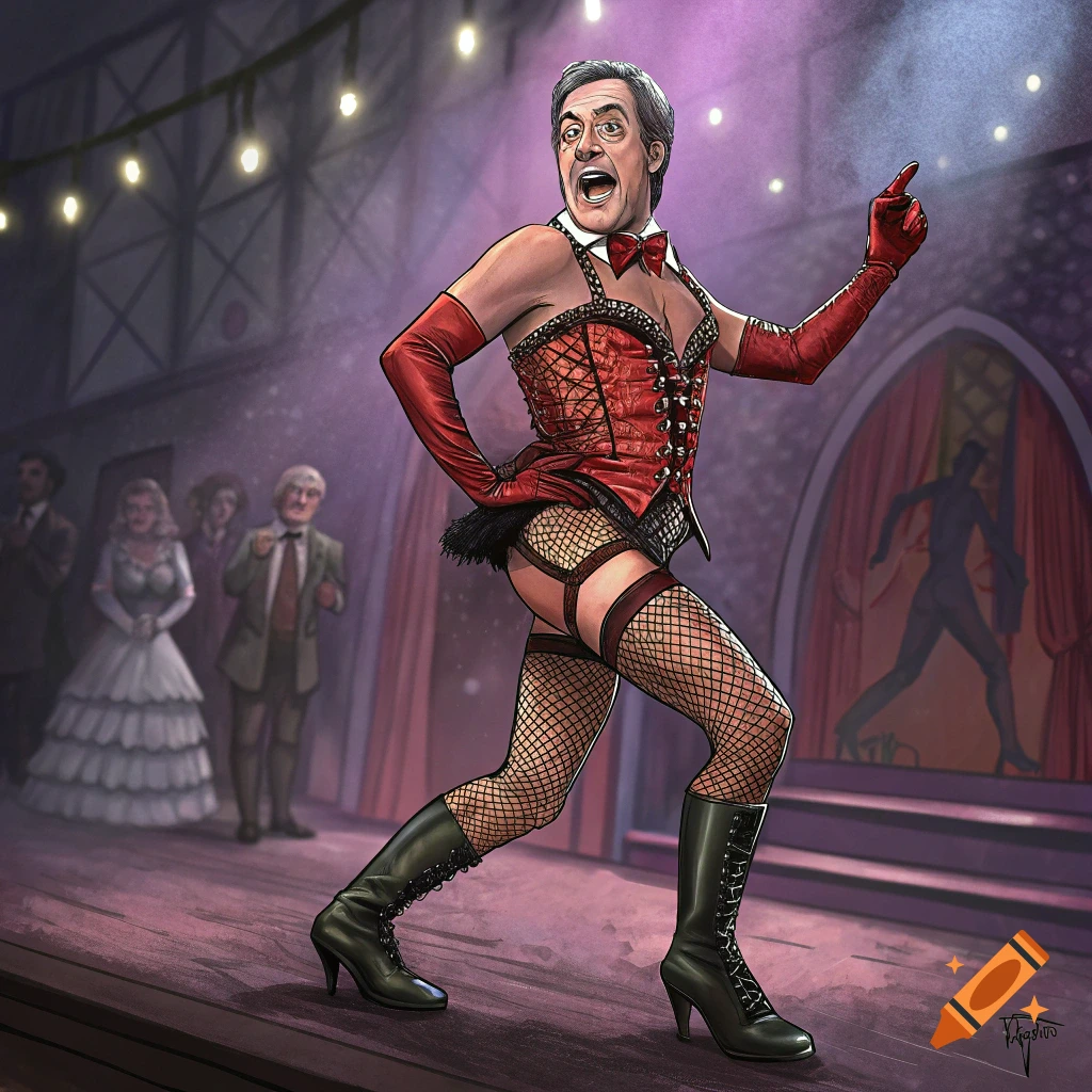 Caricature of a man dressed as Dr. Frank-N-Furter performing on a stage.
