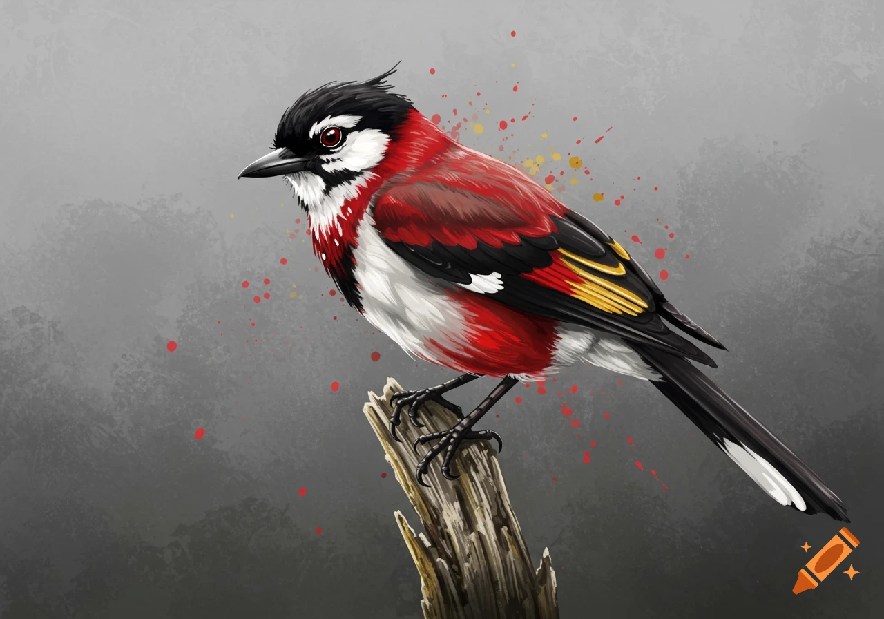A red, white, and black bird is perched on a wooden post with paint splatters.