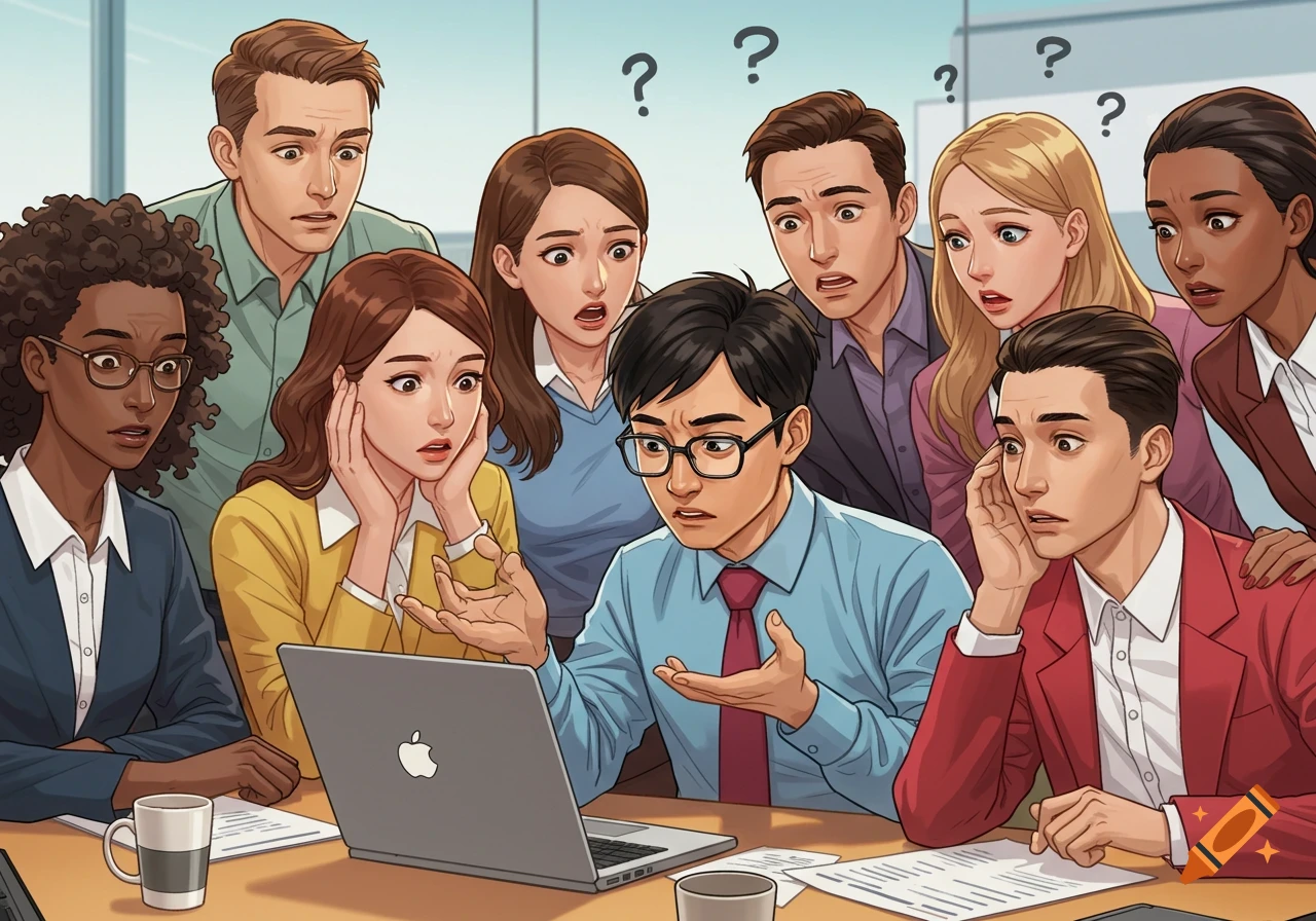 A diverse group of office workers looking confused at a laptop