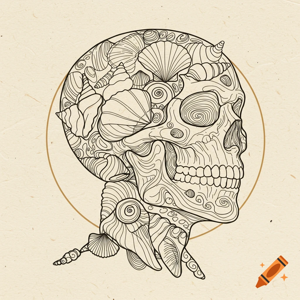 Detailed line art illustration of a skull made of seashells within a gold circle.
