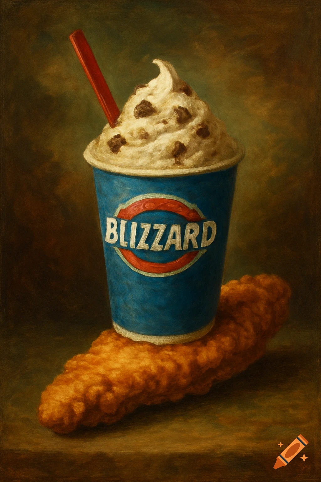 A Dairy Queen Blizzard cup on a chicken strip.