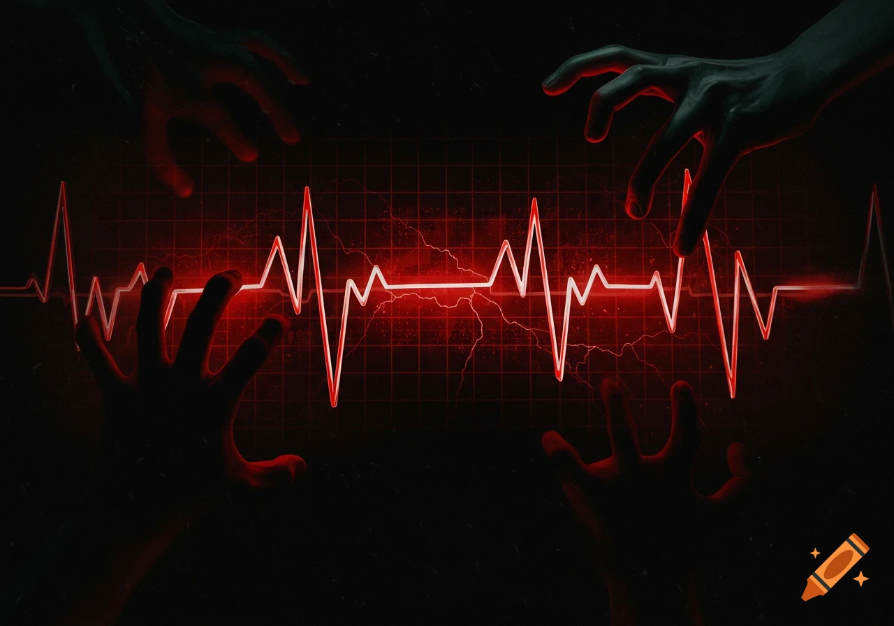 Stylized image of red heartbeat line on a grid with shadowy hands reaching for it.