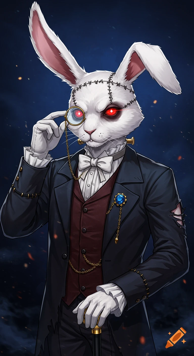 Anime illustration of a white rabbit character in a gothic suit with a monocle, red eyes, and facial stitching.