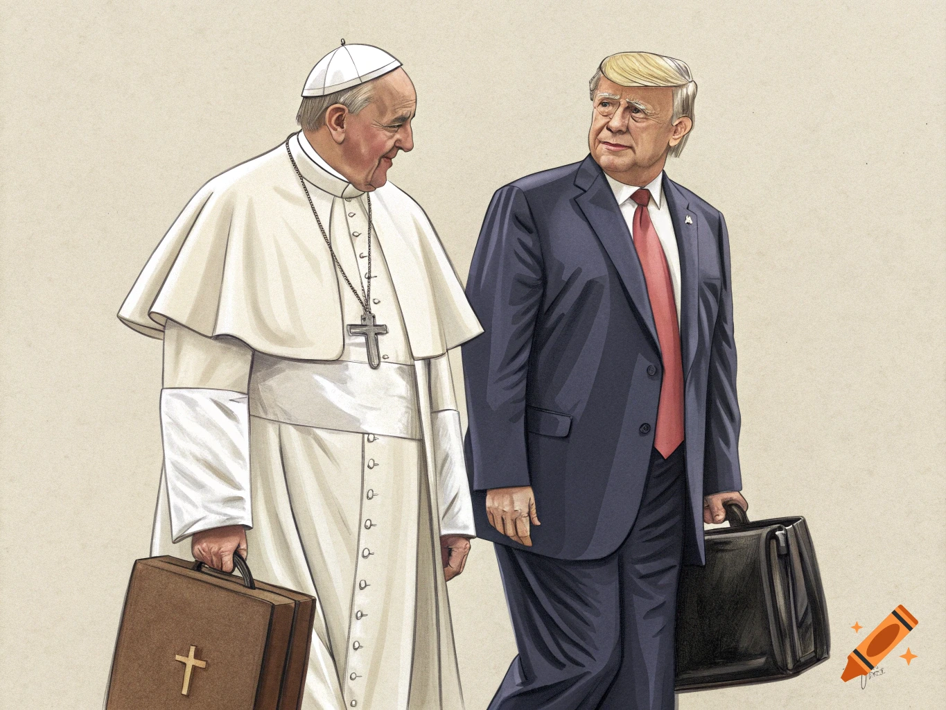 Illustration of Pope Francis and Donald Trump walking side-by-side with briefcases.