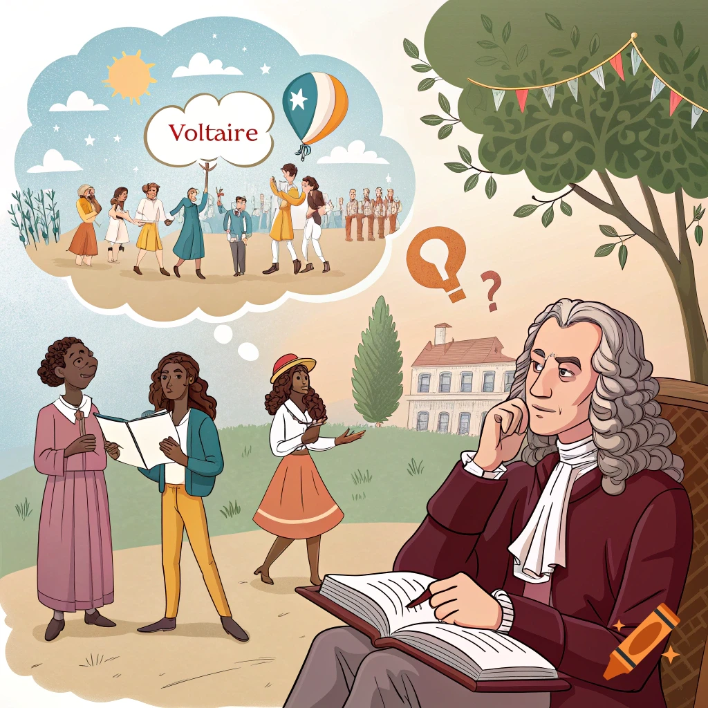 Illustration of Voltaire thinking, with a thought bubble showing people and a hot air balloon, and women standing nearby.