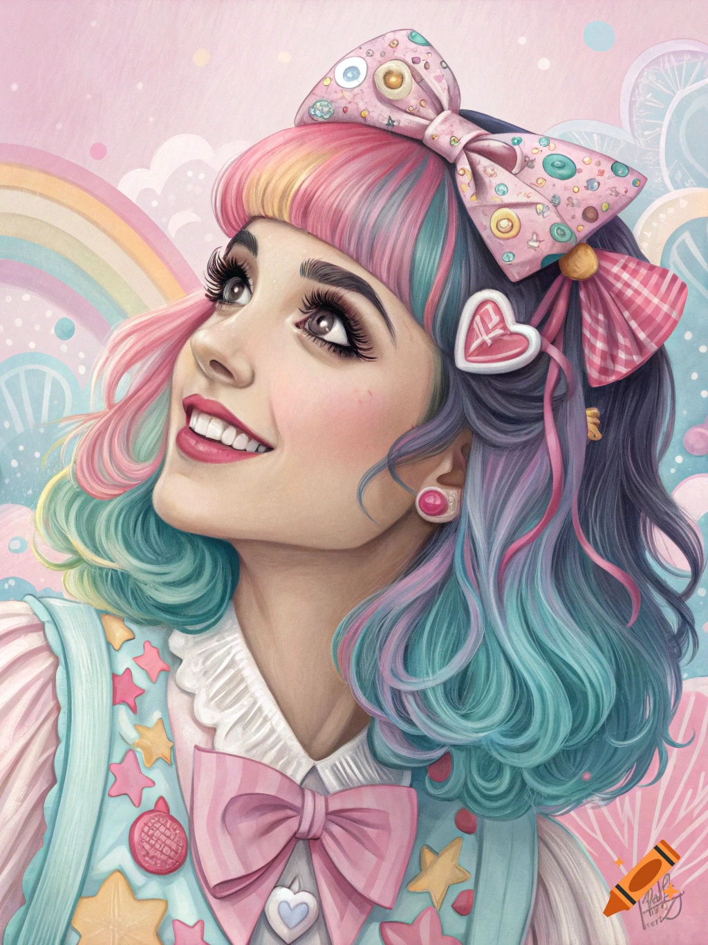 Illustration of a person with colorful hair, wearing cute accessories, against a pastel rainbow background.