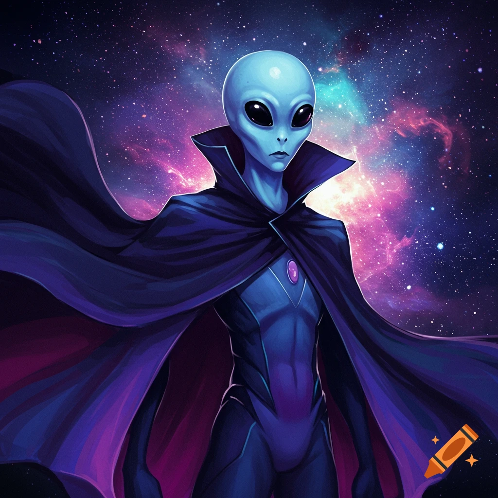 A blue-skinned alien in a super suit and cape stands in front of a galaxy background.