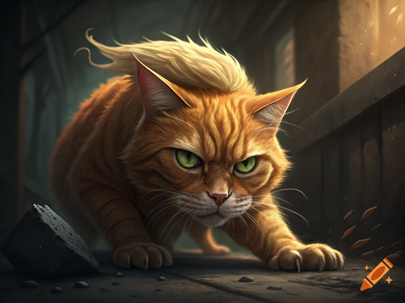 An orange tabby cat with green eyes and a blonde fur crest crouches low, looking menacing in a dark, detailed environment.