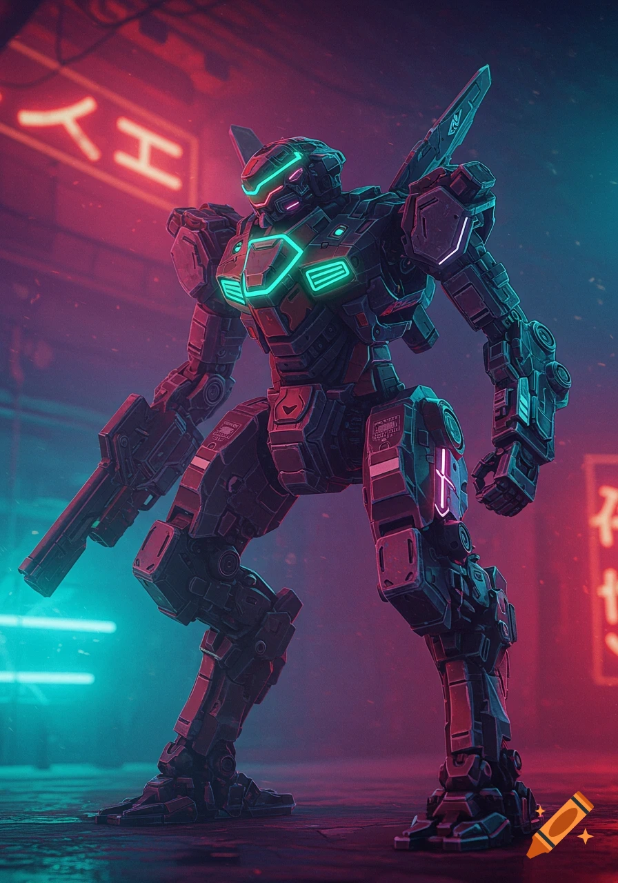 A detailed battle mecha suit stands in a cyberpunk setting with neon lighting.