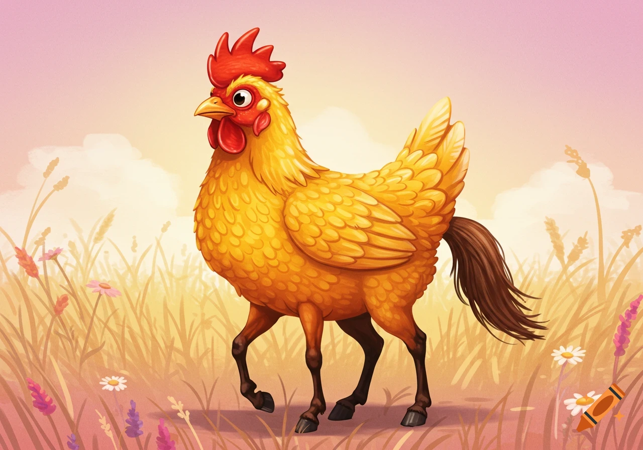 A chicken with horse legs standing in a field.