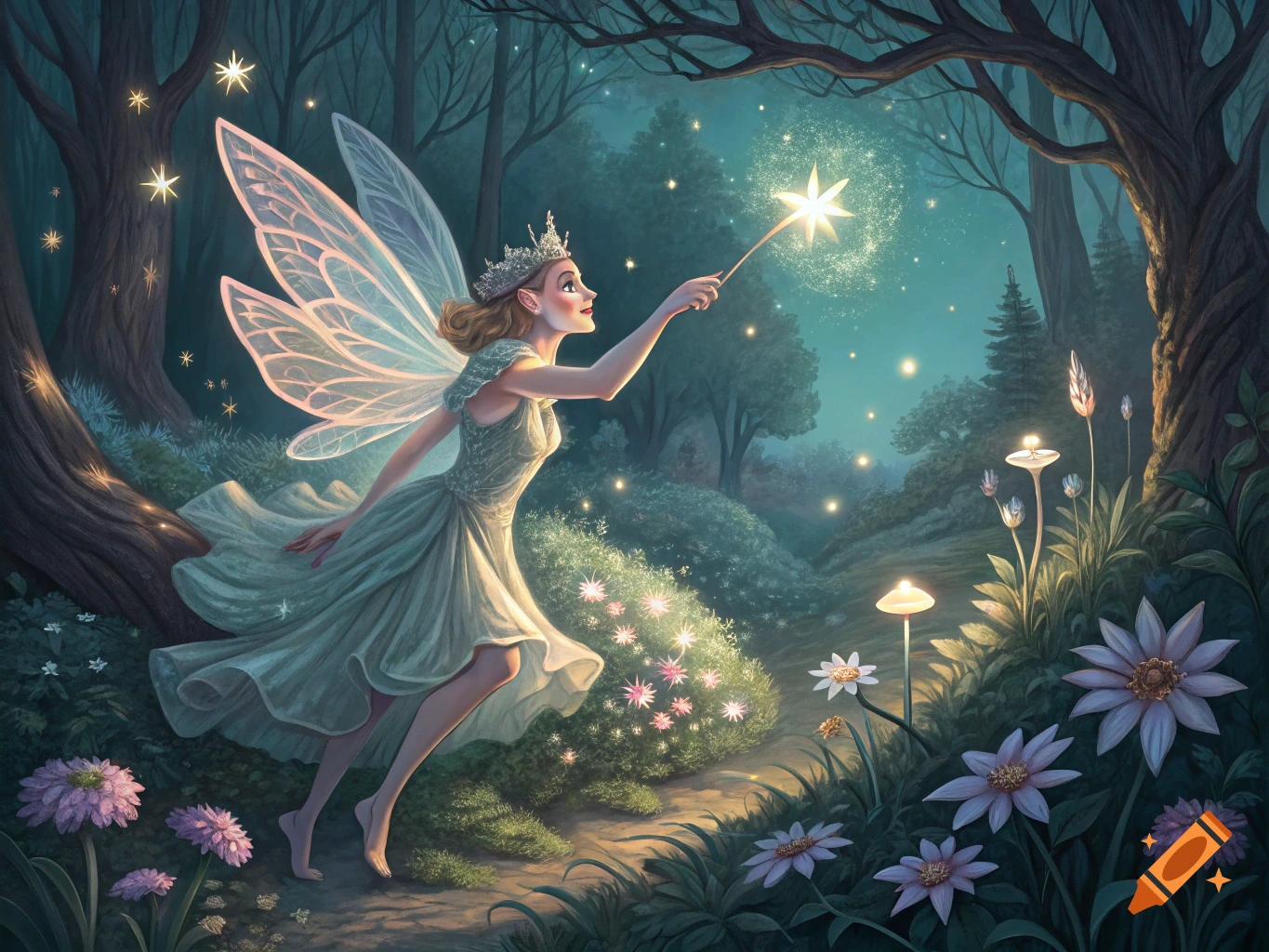 A fairy with glowing wings casts a spell with a wand in a magical, moonlit forest.