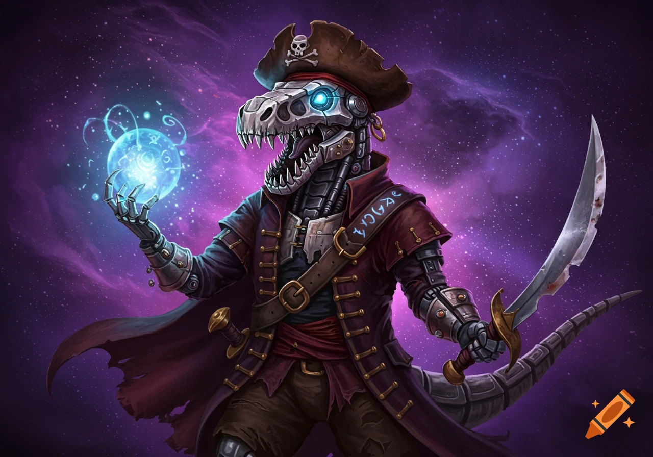 A robotic dinosaur skeleton wearing a pirate hat and coat, holding a glowing orb and sword in space.
