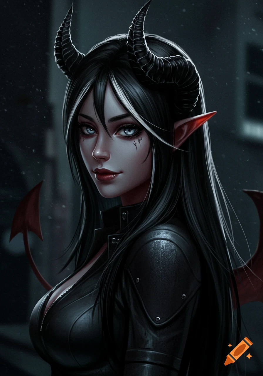 Portrait of a demon girl with horns, pointed ears, and black hair with white streaks. Digital art style.