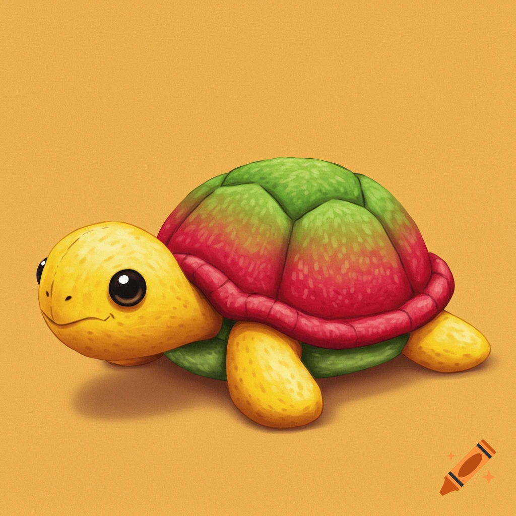 A cute mango-inspired plushie turtle with yellow skin and a green and red ombre shell sits on an orange background.