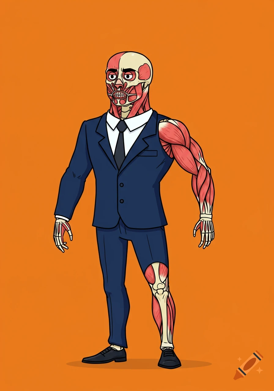 Cartoon man showing muscles and bones, wearing a blue suit.