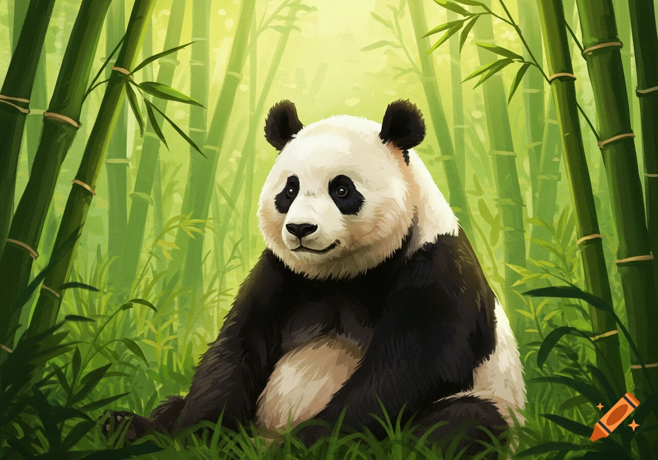 A panda sitting in a bamboo forest.