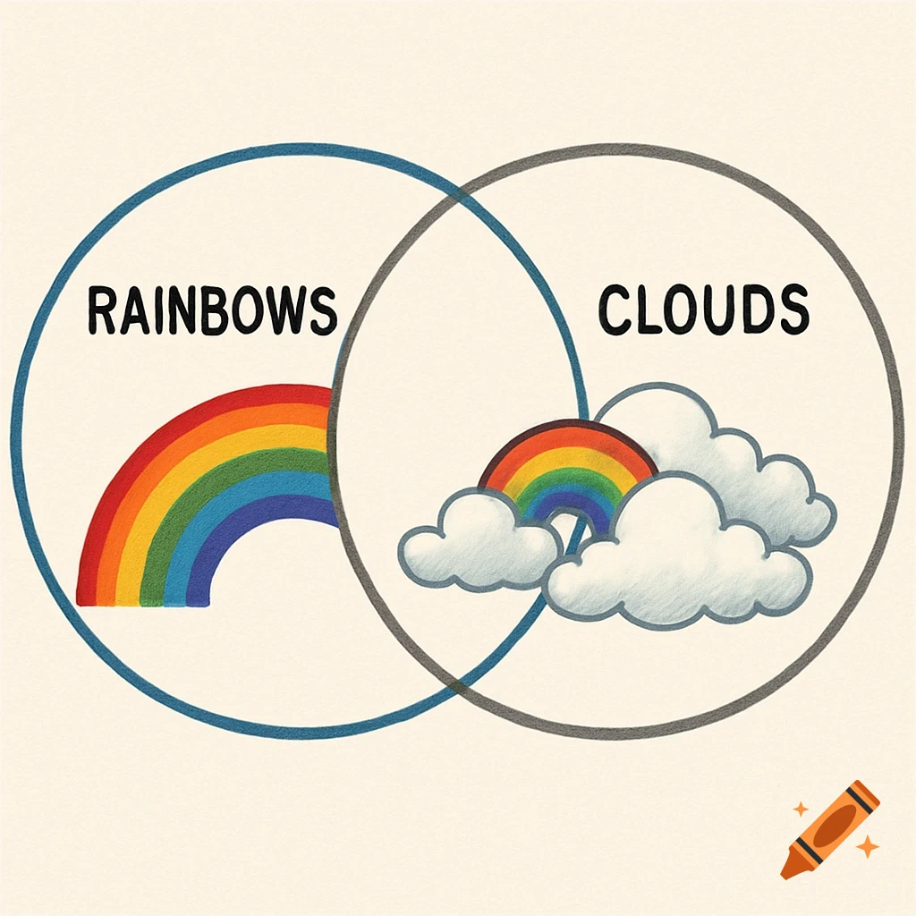 A Venn diagram with circles labeled 'RAINBOWS' and 'CLOUDS', showing a rainbow, clouds, and a rainbow with clouds.