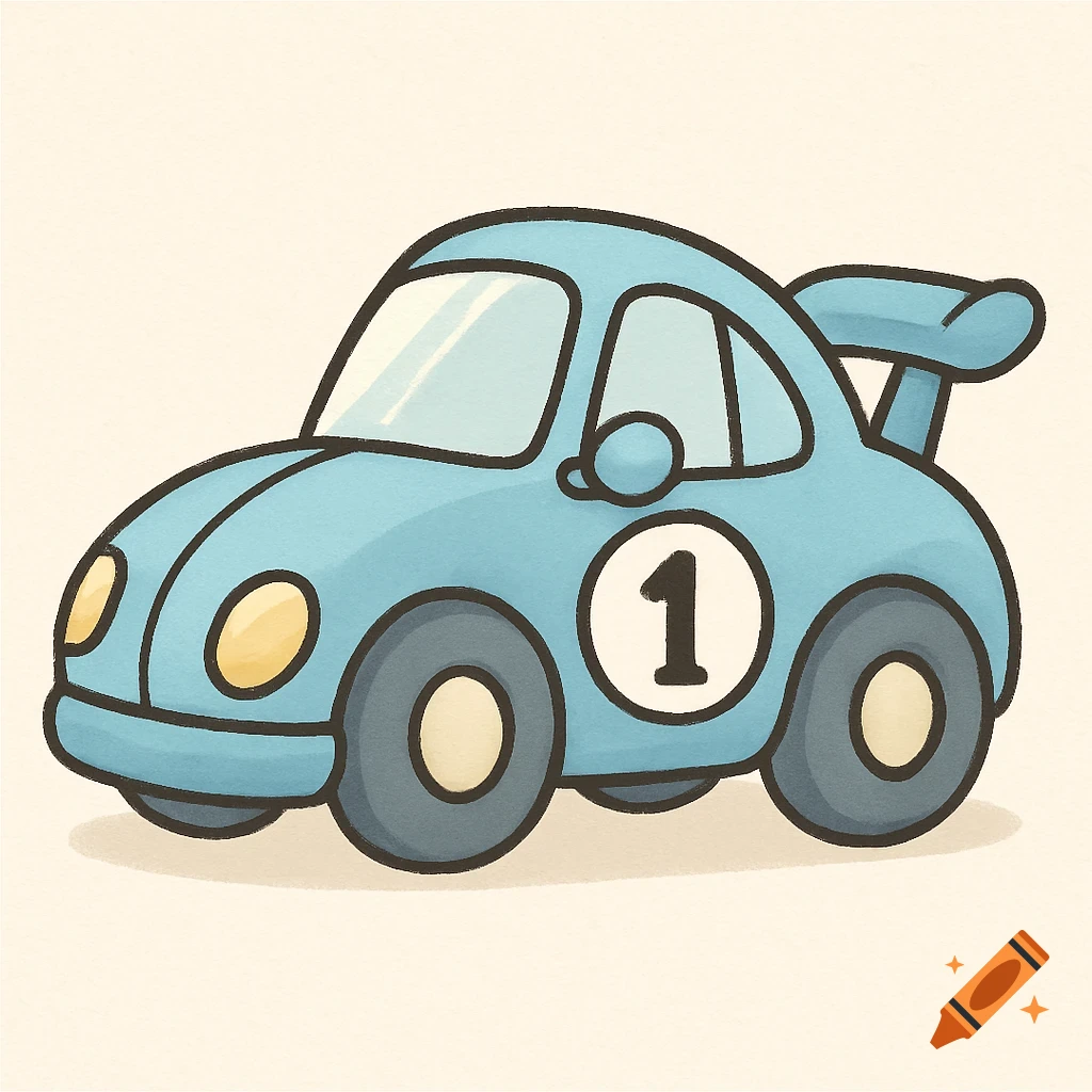 Pastel blue cartoon race car with the number 1 on the side.