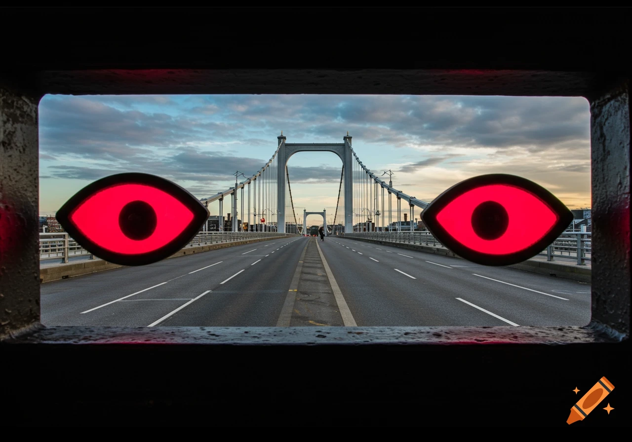 Photorealistic view of a suspension bridge and road framed by darkness, with large red eyes peering from the sides.