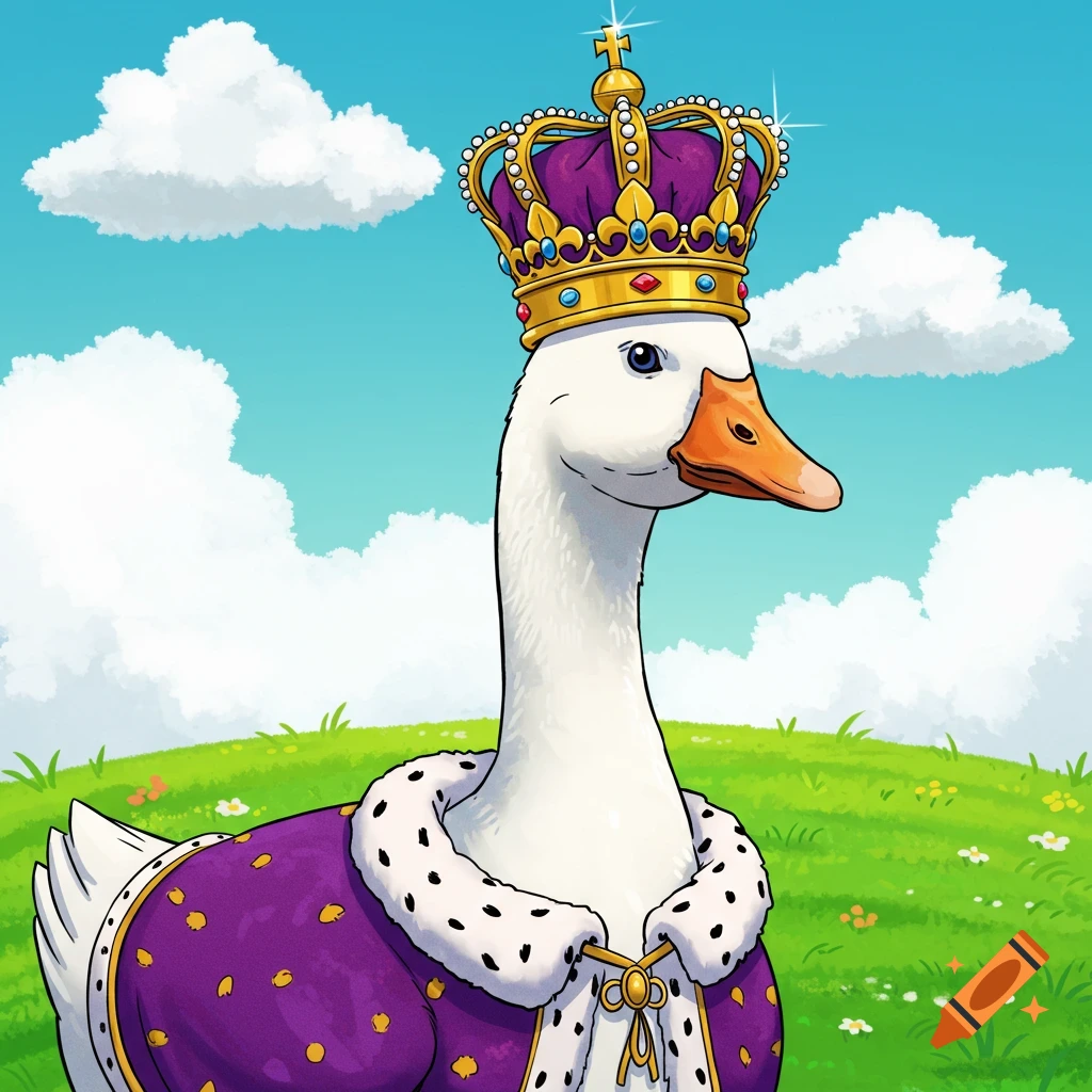 Cartoon illustration of a goose wearing a purple and gold crown and royal robe on a hill.