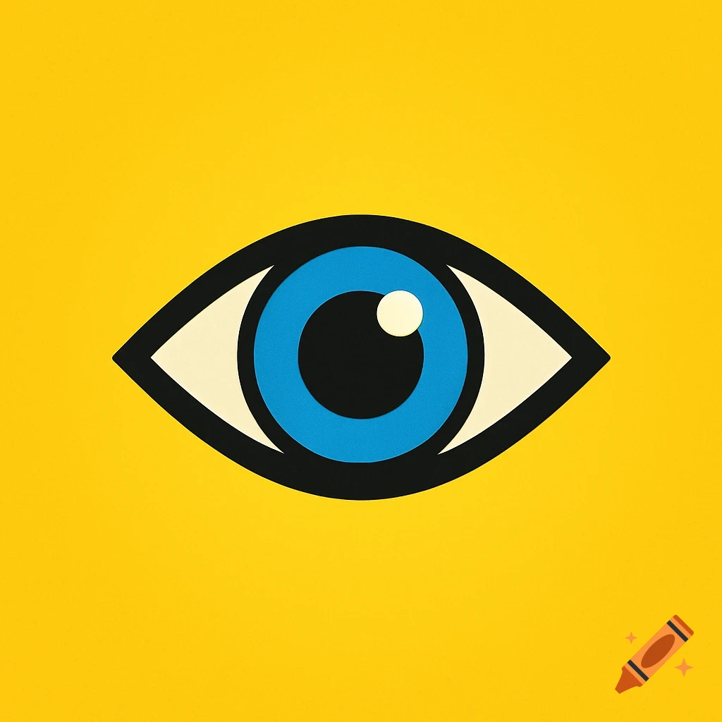 A stylized graphic logo of a blue and black eye on a bright yellow background.