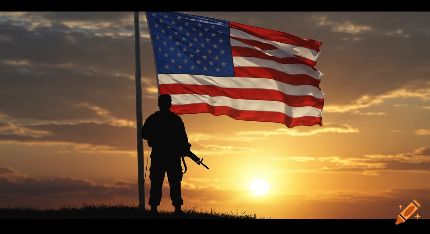 Silhouette of a soldier standing with an American flag at sunset.