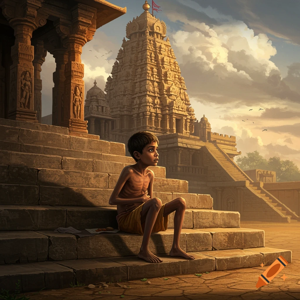 A gaunt boy sits on stone steps outside a grand temple.