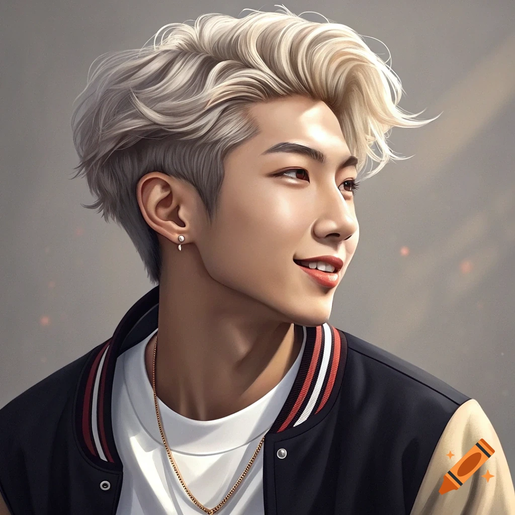 Digital illustration of a young man with blonde hair wearing a bomber jacket and necklace, smiling.