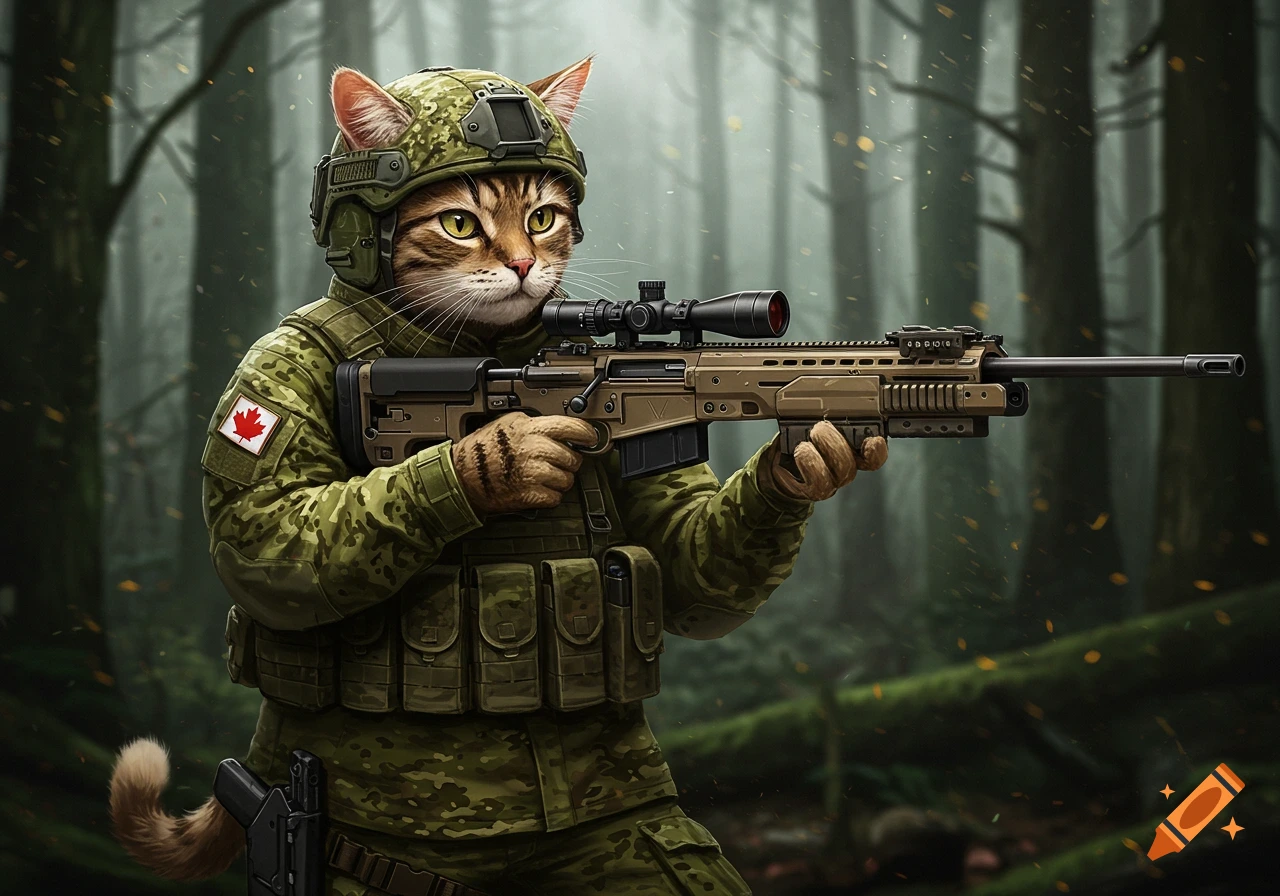 A Canadian cat soldier holding a sniper rifle in a forest.
