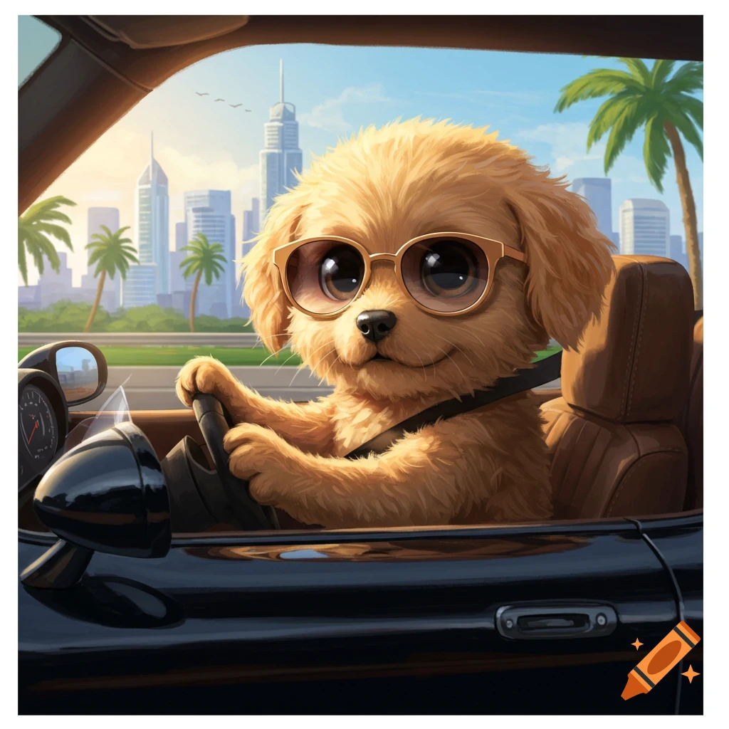 Cute dog in sunglasses driving a convertible car in a city.