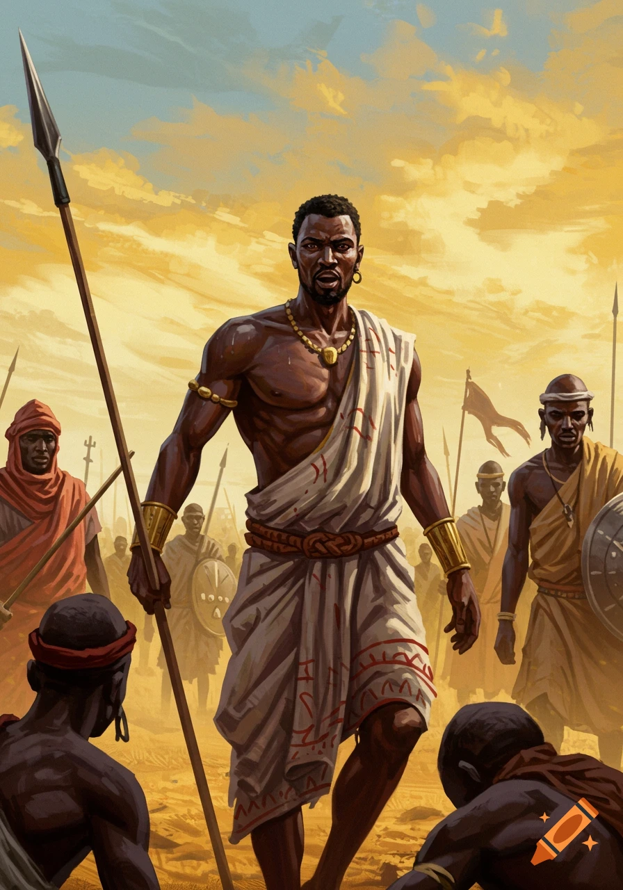 A warrior with a spear leading others in a desert landscape.