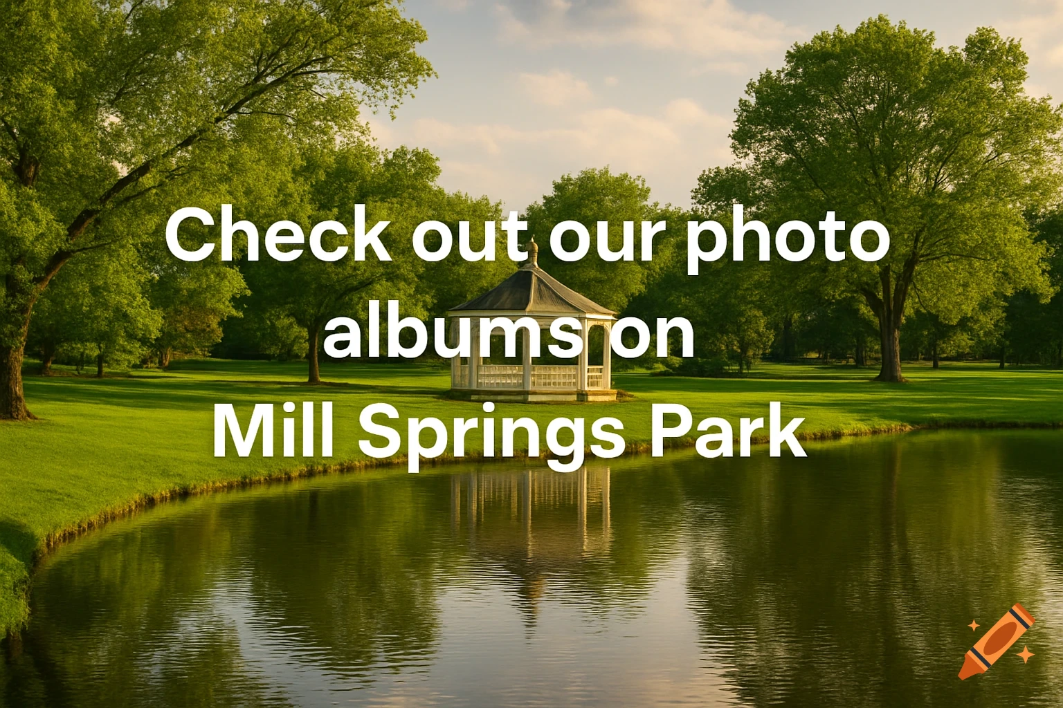 Park scene with gazebo by a pond and overlaid text.