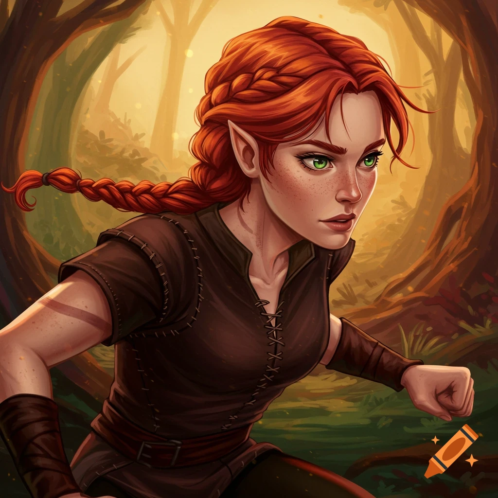 A red-haired elf running through a forest
