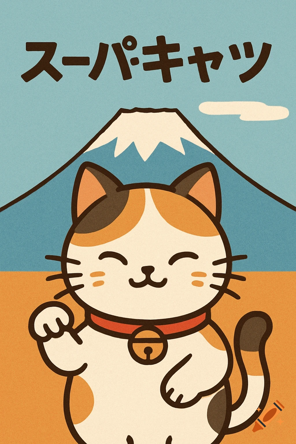 A stylized calico cat waves in front of Mount Fuji under Japanese text.