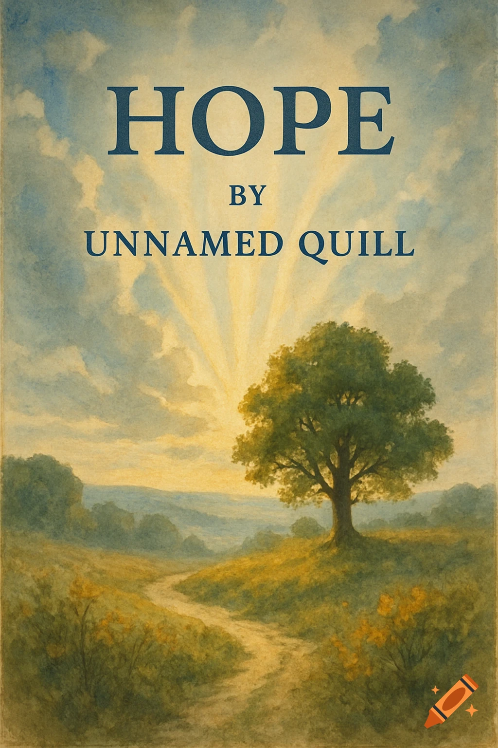 A landscape with text 'HOPE BY UNNAMED QUILL'.
