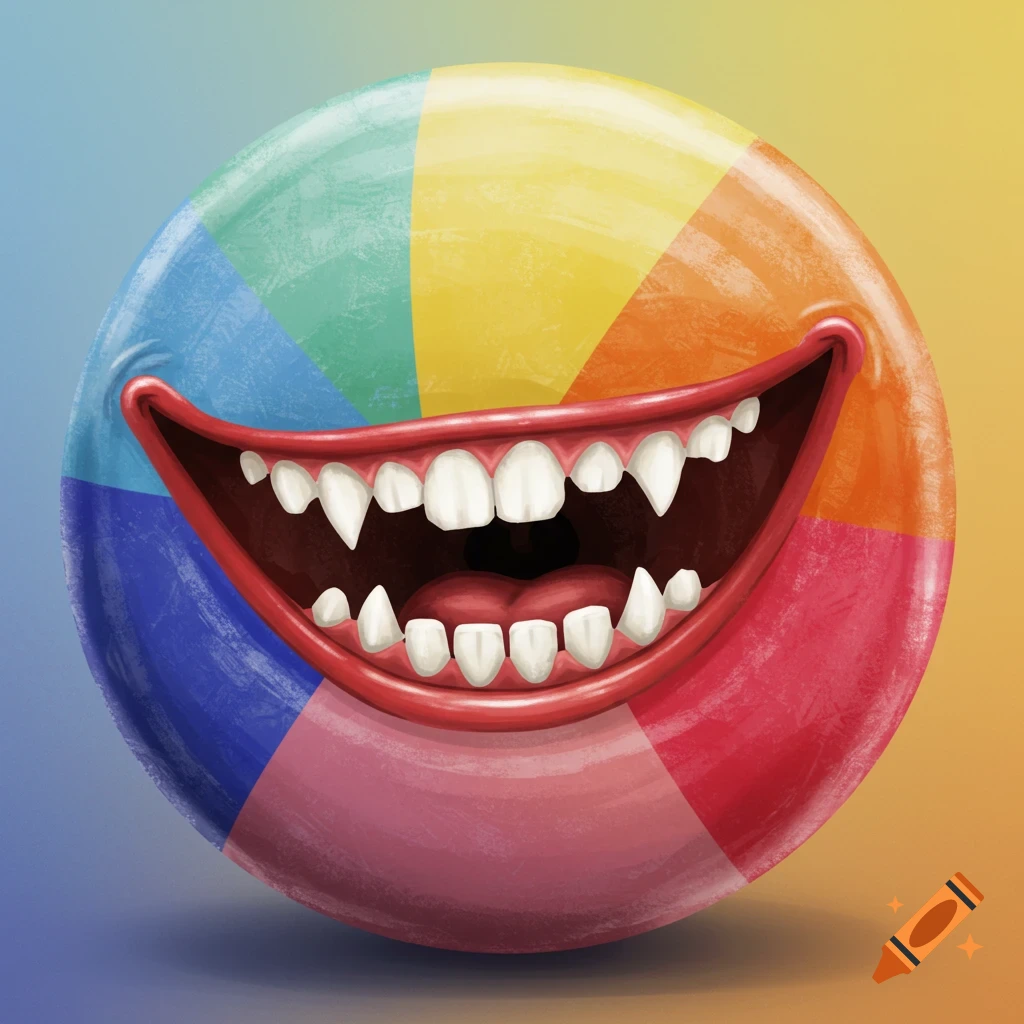 Rainbow striped ball with large mouth and sharp teeth.