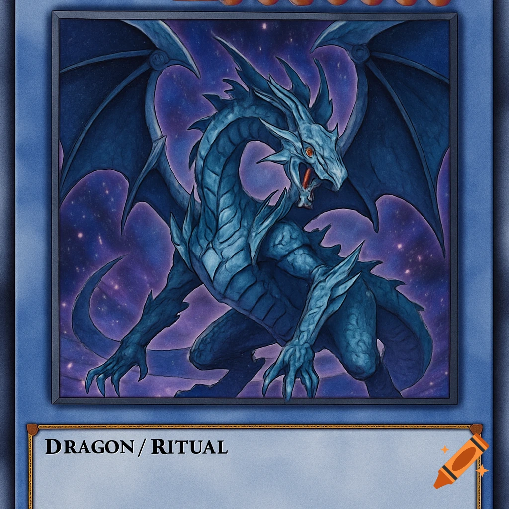 Yu-Gi-Oh card featuring a blue dragon with wings against a starry background. Text reads DRAGON / RITUAL.
