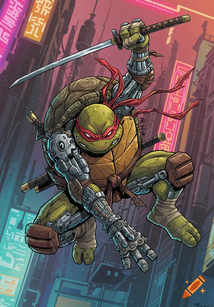 Cyberpunk Raphael from Teenage Mutant Ninja Turtles poses with a sword and cybernetic limbs against a neon cityscape.