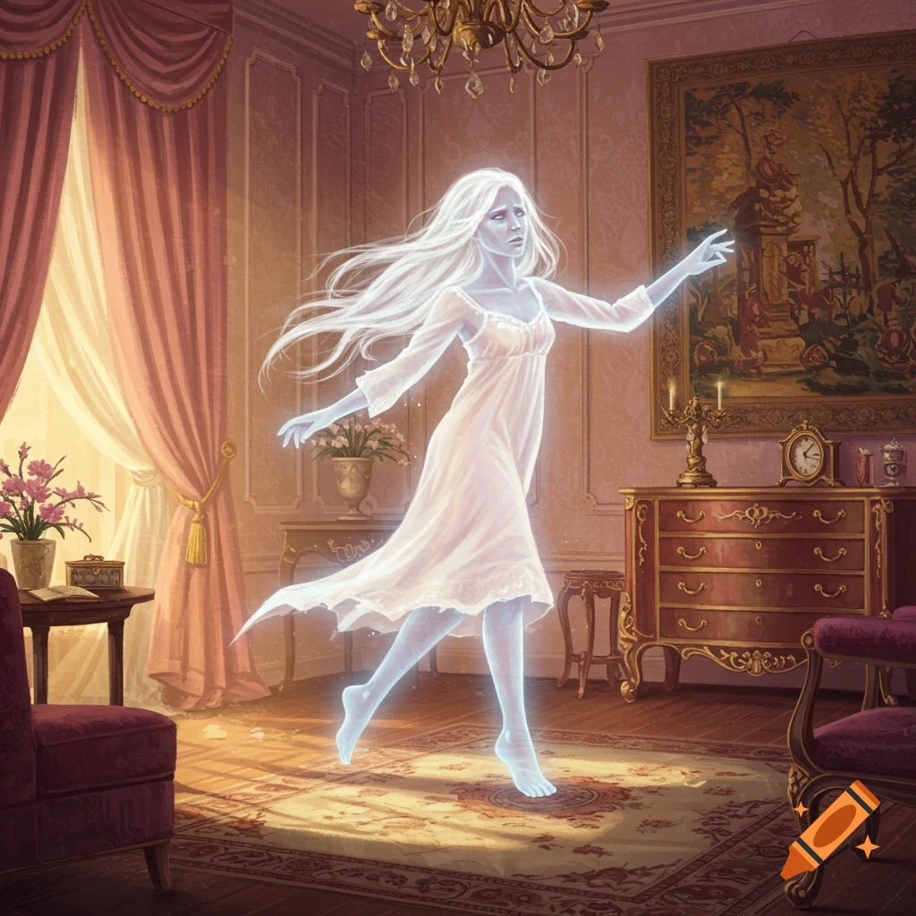 A translucent ghost in a white dress floats in a lavish, sunlit room.