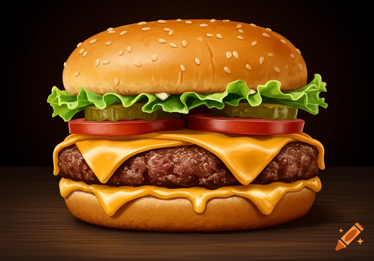A juicy cheeseburger with melting cheese, lettuce, tomato, and pickles.