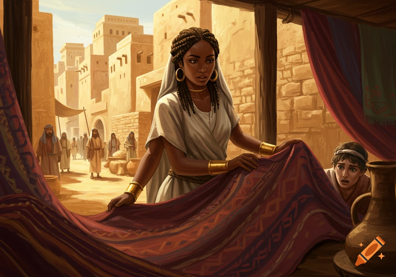 A Black woman hides a man behind fabric in an ancient city street market
