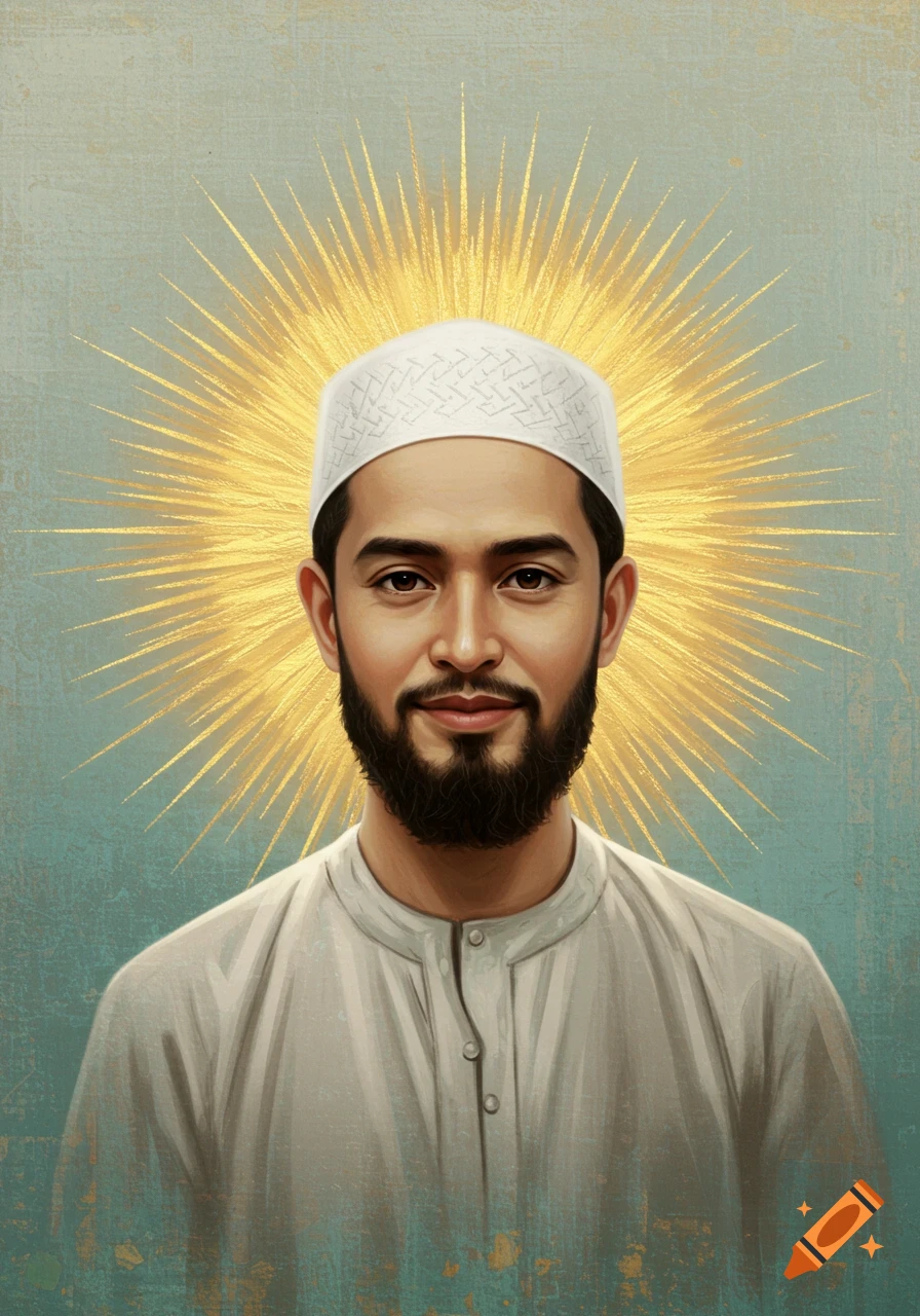 Portrait of a man with a beard and white skullcap, with a golden aura around his head.