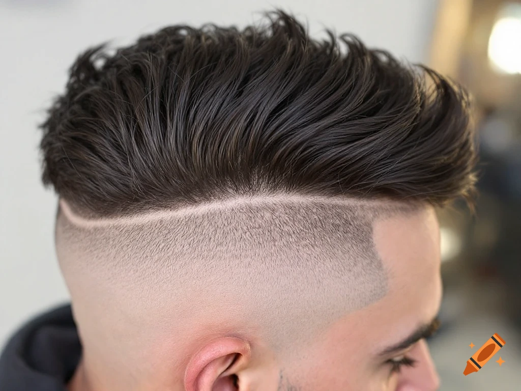 Close-up of a man's head showing a low taper fade haircut with a hard part and shaved temple design.
