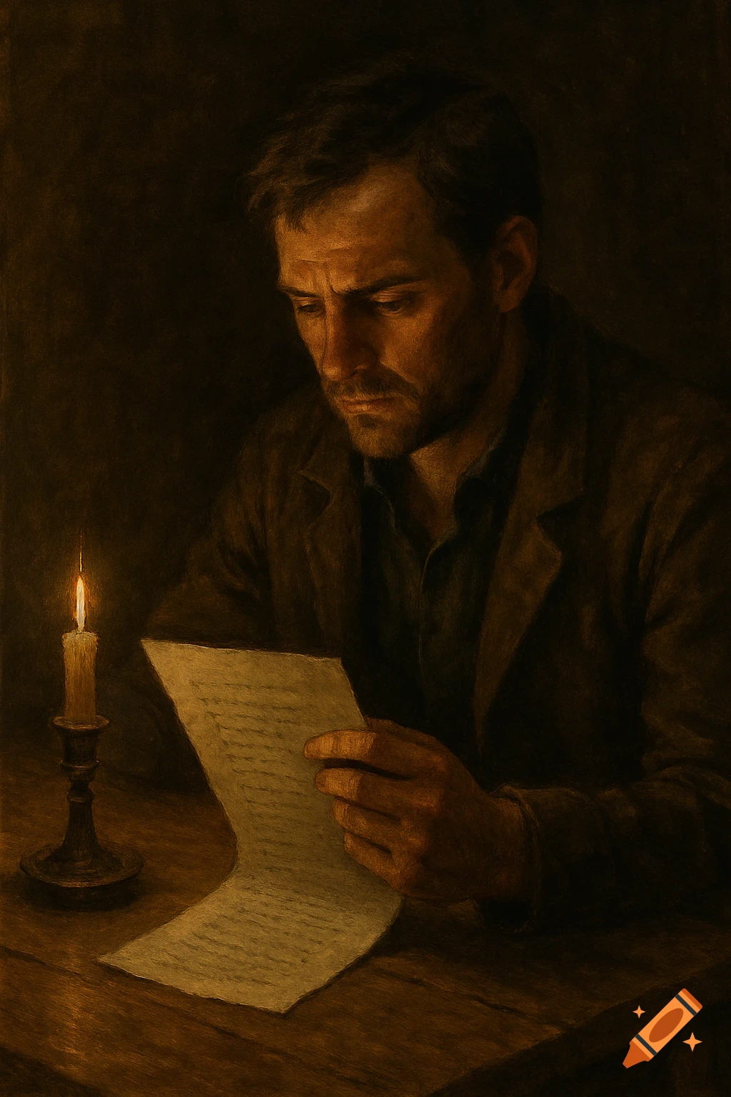 A man reads a letter by candlelight at a table in a dimly lit painting.