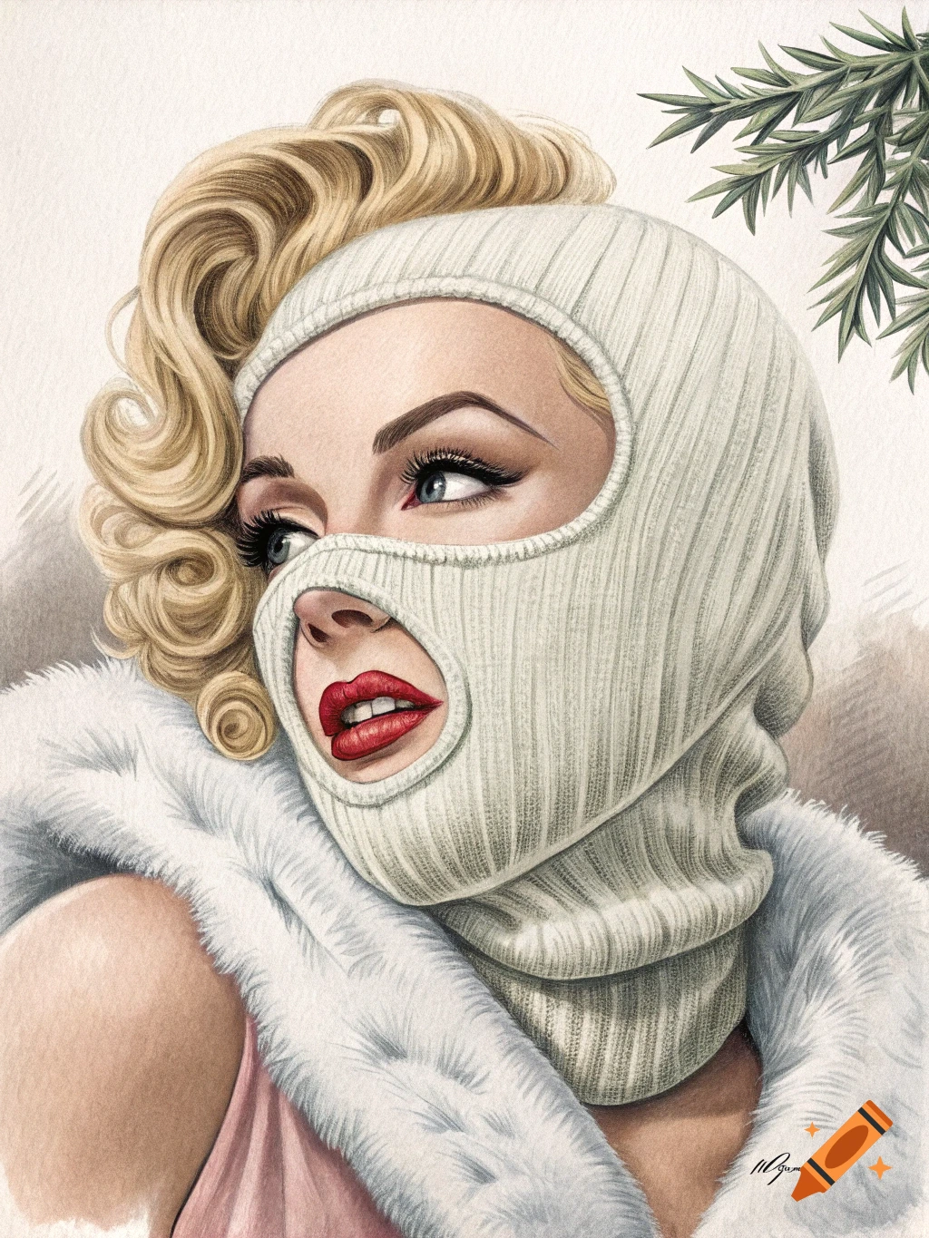 Illustration of a woman with blonde hair wearing a white ski mask and fur collar, looking away.