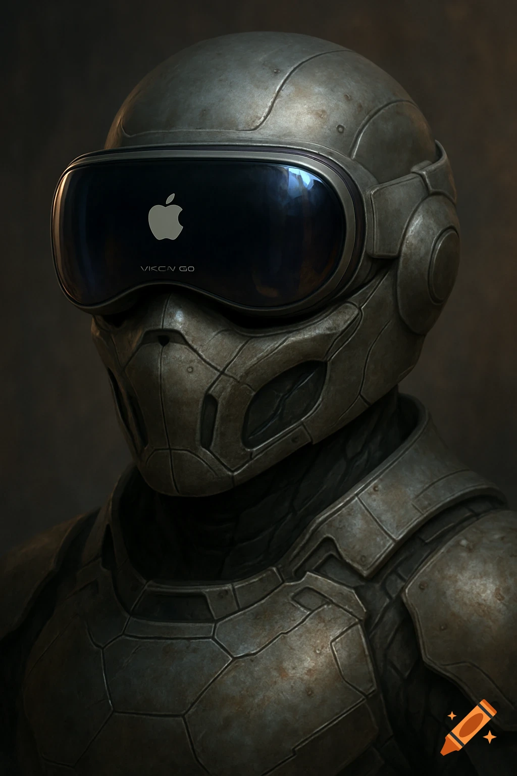 Close-up of a sci-fi helmet with goggles resembling Apple Vision Pro, featuring a logo and text on the lens.