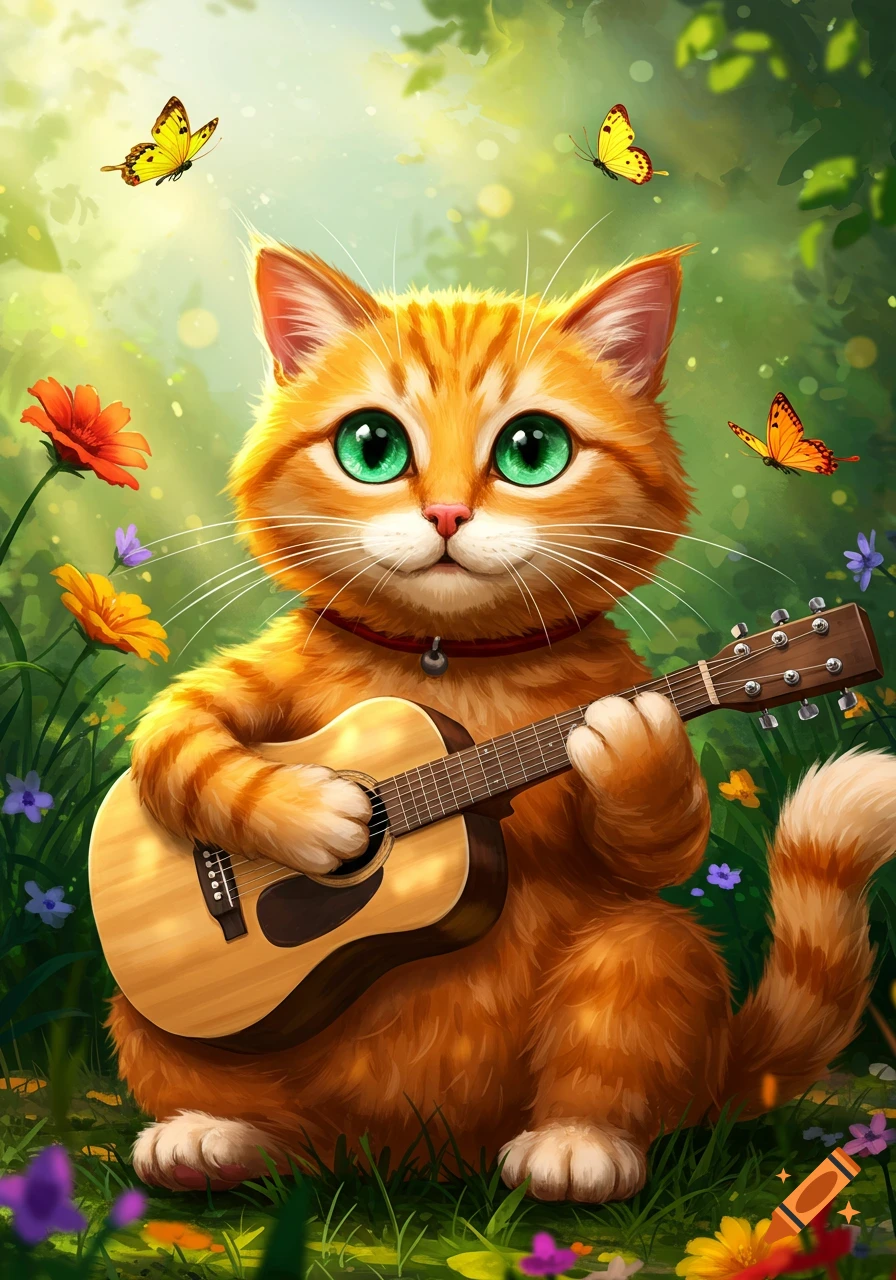 A cute orange cat playing a guitar in a garden with butterflies.