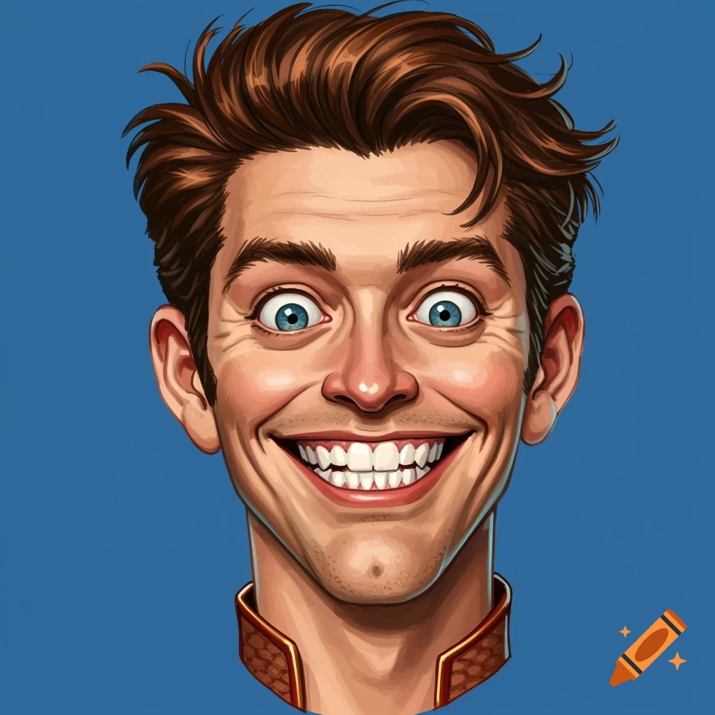 A man with an exaggerated grin against a blue background, in a comic book style.