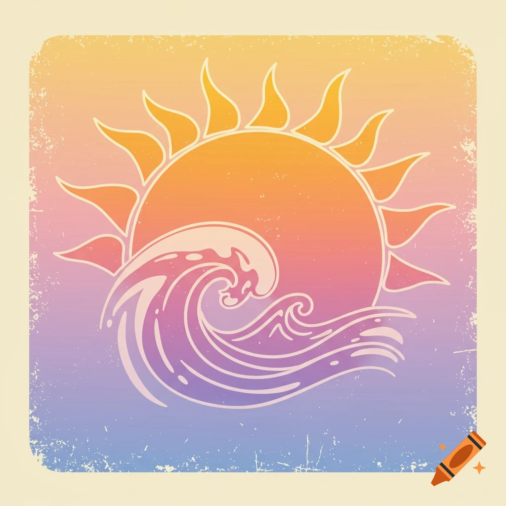 Stylized sun and wave graphic with a gradient sky and distressed texture.