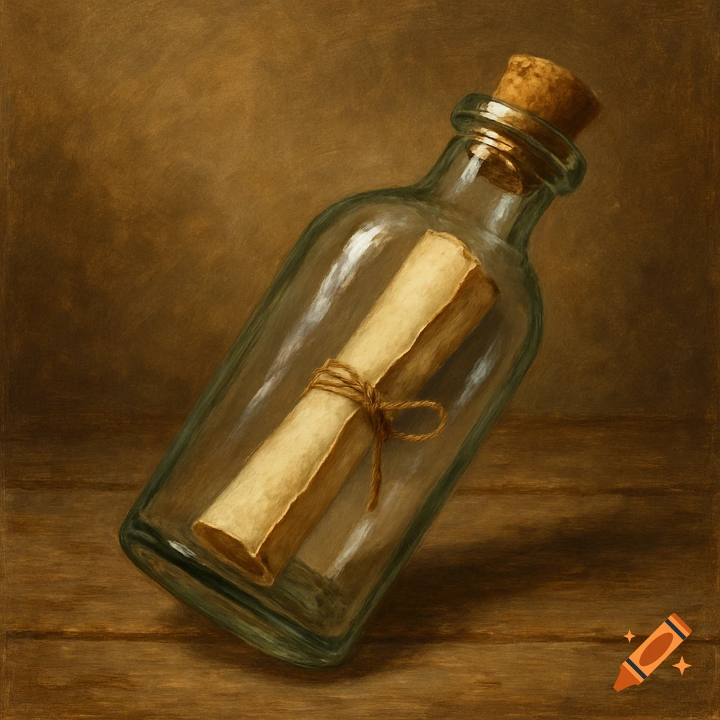 A rolled message in a glass bottle tied with string, lying on a wooden surface.